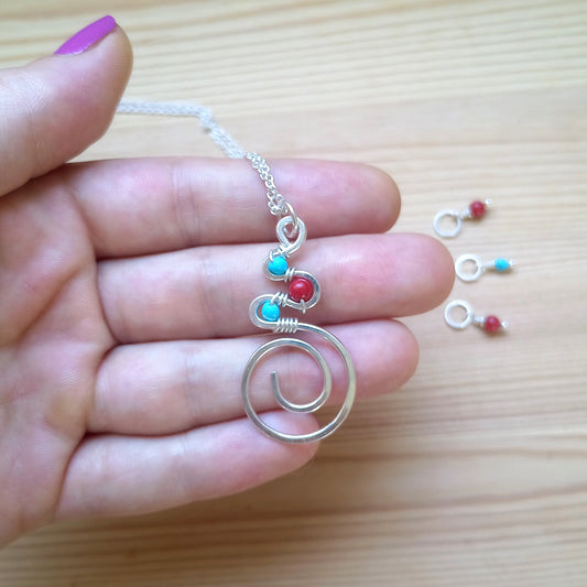 Silver Knitting Necklace - Turquoise and Coral