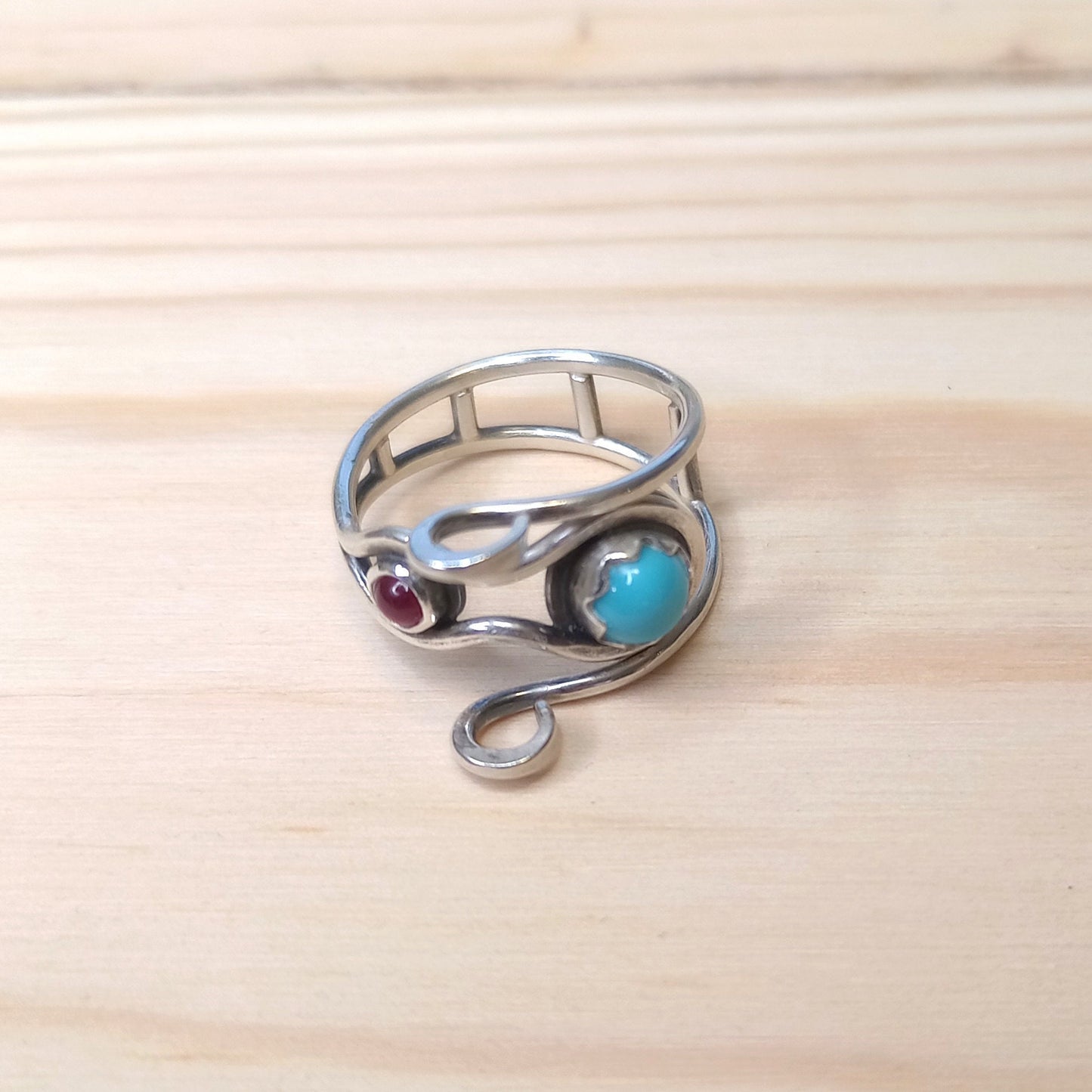 Yarn Ring with Turquoise and Garnet