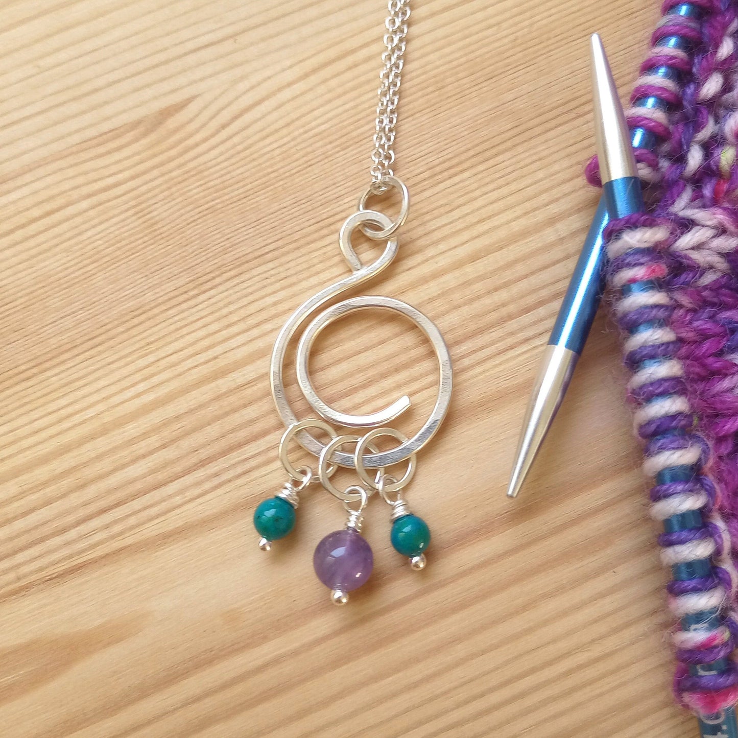 Silver Knitting Necklace - Amethyst & Chrysocolla
